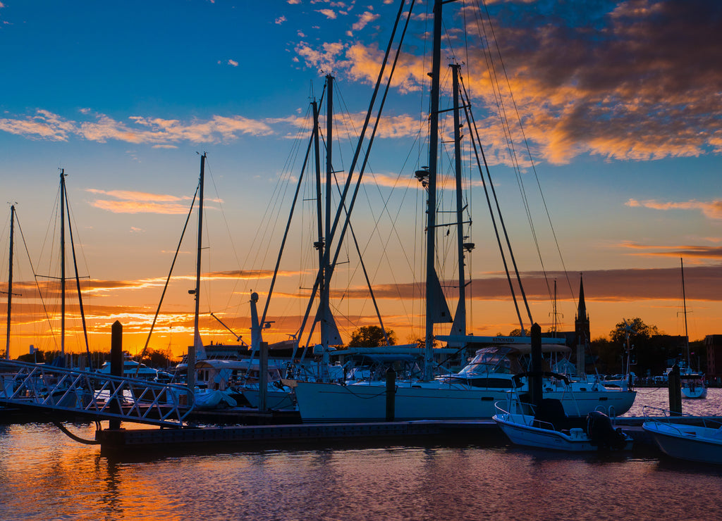 Sunset over boats in a marina in Annapolis, Maryland