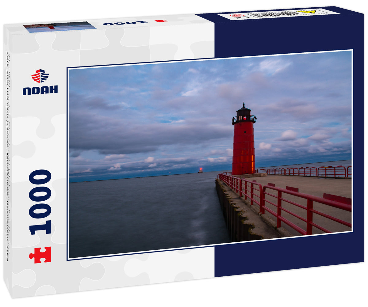 The "Milwaukee Pier Head Lighthouse" as the sun sets and the rain passes. Milwaukee, Wisconsin, USA