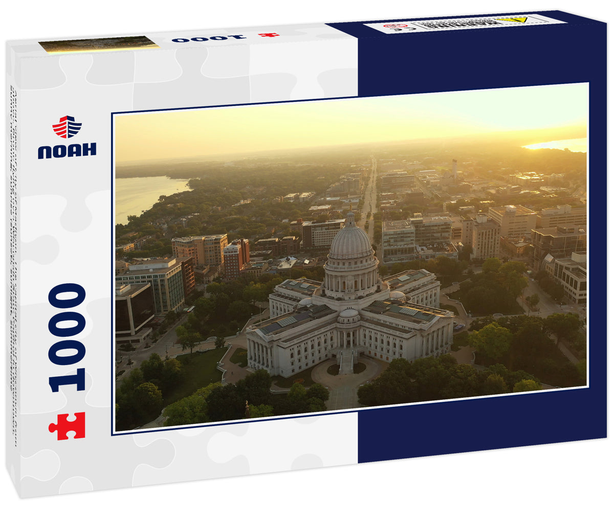 Aerial view of City of Madison. The capital city of Wisconsin from above. Drone flying over Wisconsin State Capitol in downtown. Sunny morning, sunrise (sunset), sunlight, summertime