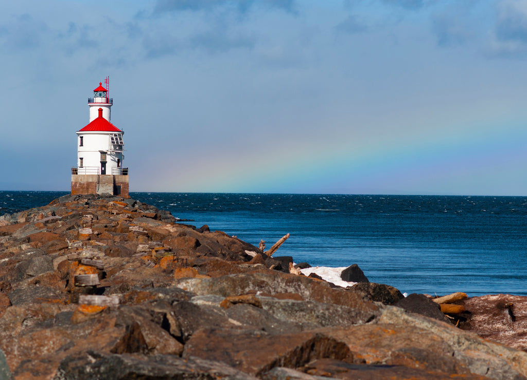 The Wisconsin Point Light is a lighthouse located near Superior on Wisconsin Point Rainbow in the background
