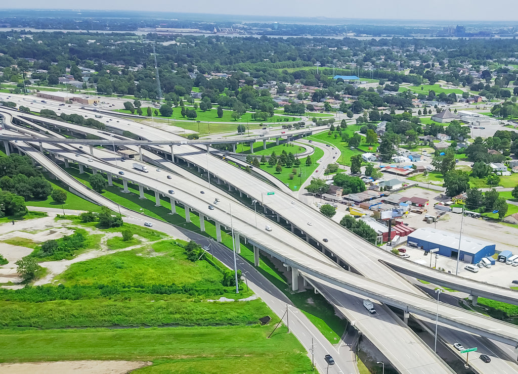 Panorama aerial view highway 90 (U.S. Route 90, US-90) and elevated Westbank expressway in suburban New Orleans, Louisiana