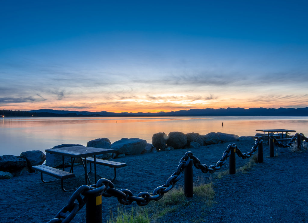 Sunrise over yellowstone lake in yellowstone national park, Wyoming