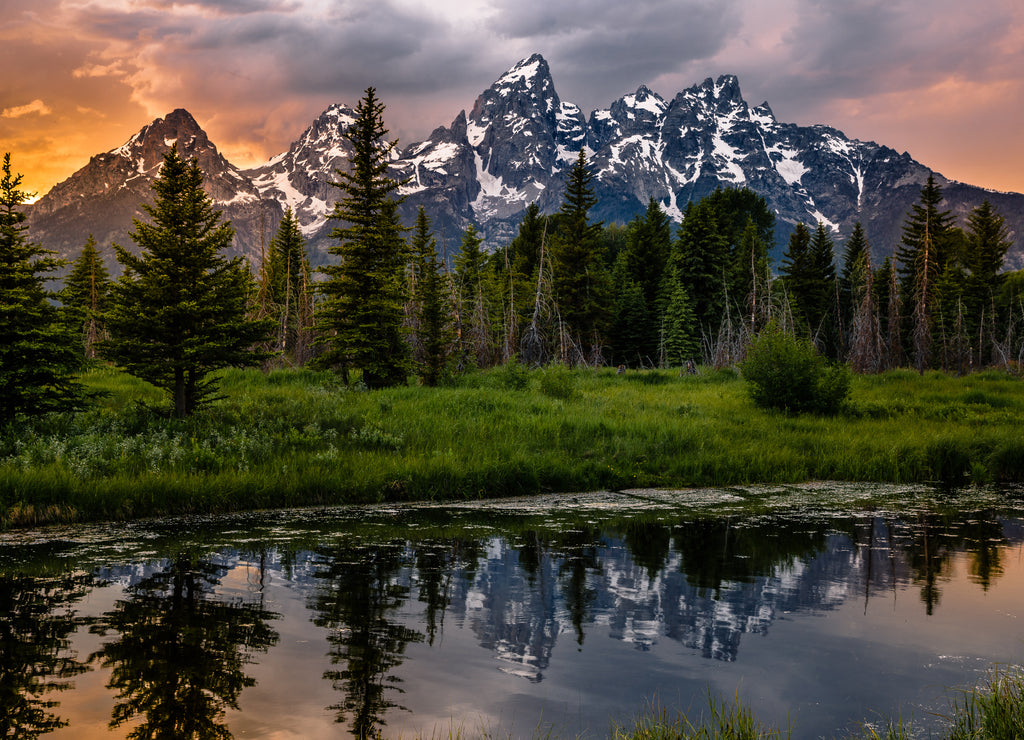 Sunset Reflections on the Grand Teton Range from Schwabacher Landing, Wyoming