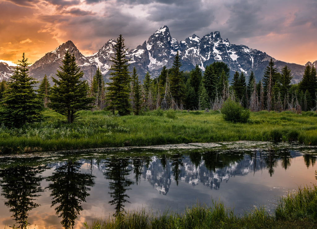 Sunset Reflections on the Grand Teton Range from Schwabacher Landing, Wyoming