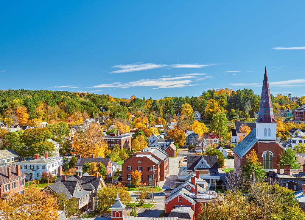 Montpelier town skyline at autumn in Vermont, USA