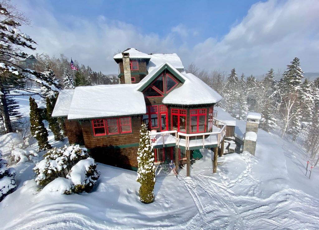 Slopeside condos at Okemo mountain ski resort with fresh snow in Vermont USA
