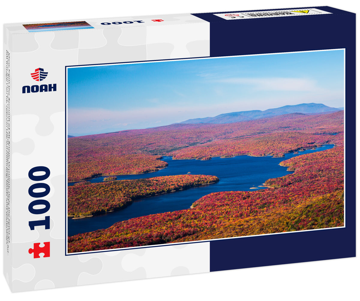 View from the Summit of Mt Snow, Vermont, near the town of Dover. Somerset reservoir and a huge hardwood forest in colorful fall foilage can be seenon the surrounding lands and waterways