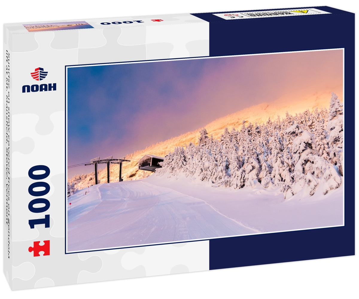 Sunrise on snow covered trees on gondola lift at Mt. Mansfield, Stowe, Vermont