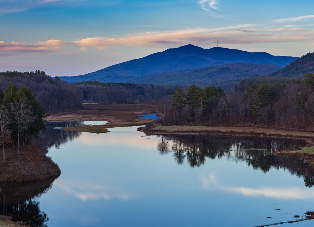 Mount Ascutney and sunset pink cloud reflections in the North Springfield Reservoir near Weathersfield, Vermont