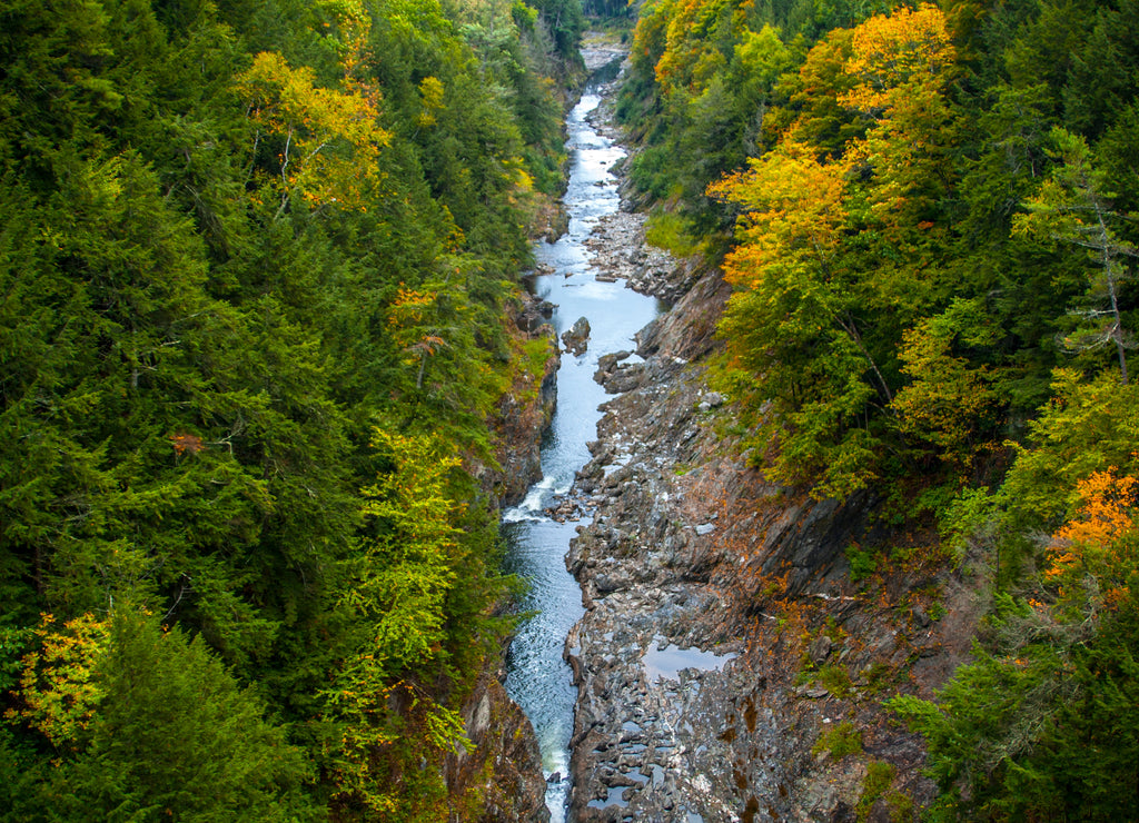 Quechee Gorge Vermont aerial shot drone forest river rocks