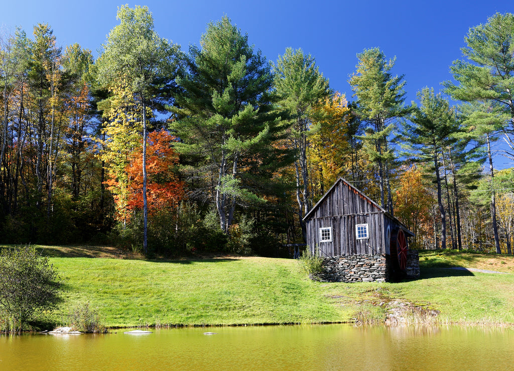Overlooking a peaceful New England Farm in the autumn, Woodstock, Vermont, USA