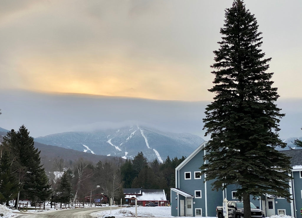 Sunrise view to the Madonna mountain at Smugglers Ski resort village, Vermont