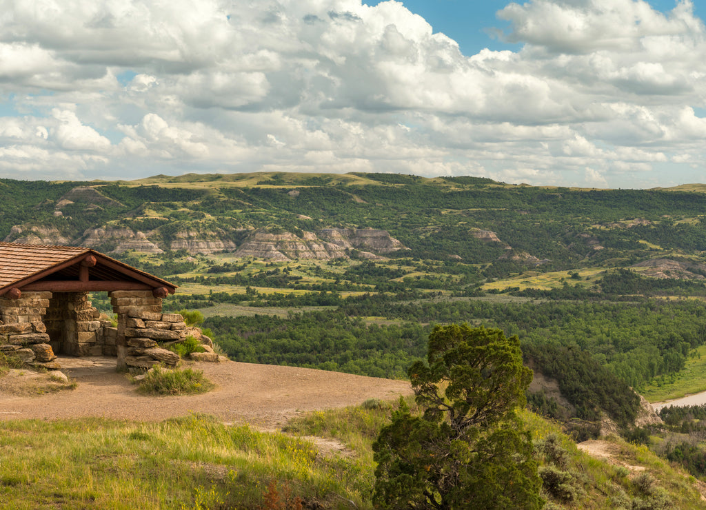 River Bend Overlook shelter in the Theodore Roosevelt National Park - North Unit on the Little Missouri River - North Dakota Badlands