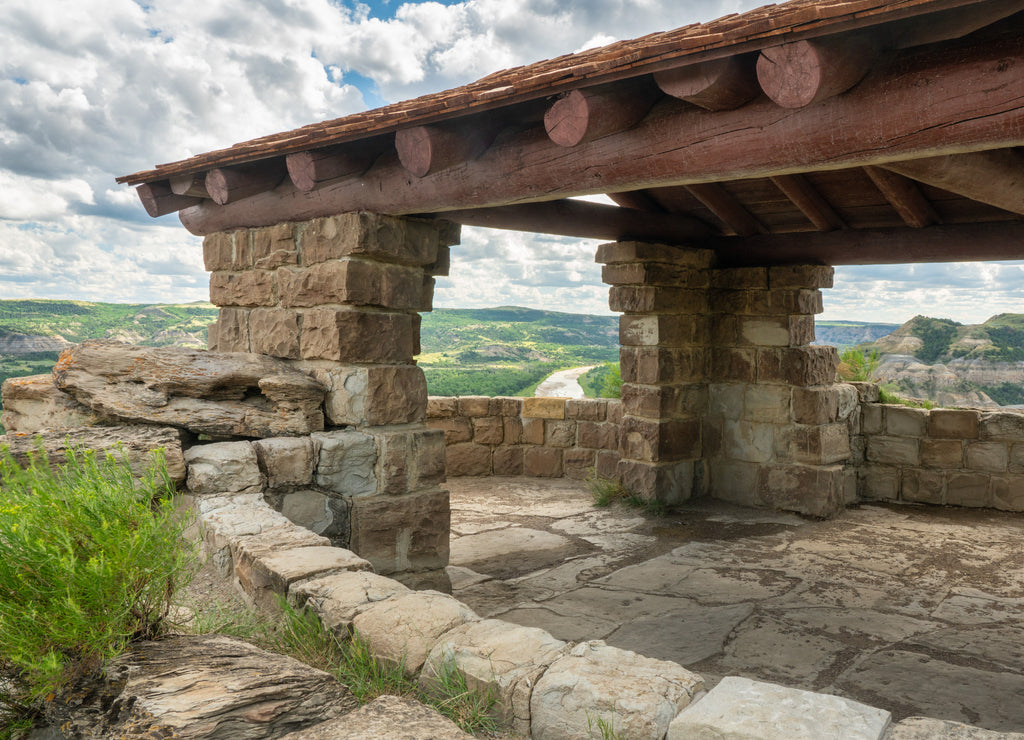 River Bend Overlook shelter in the Theodore Roosevelt National Park - North Unit on the Little Missouri River - North Dakota Badlands