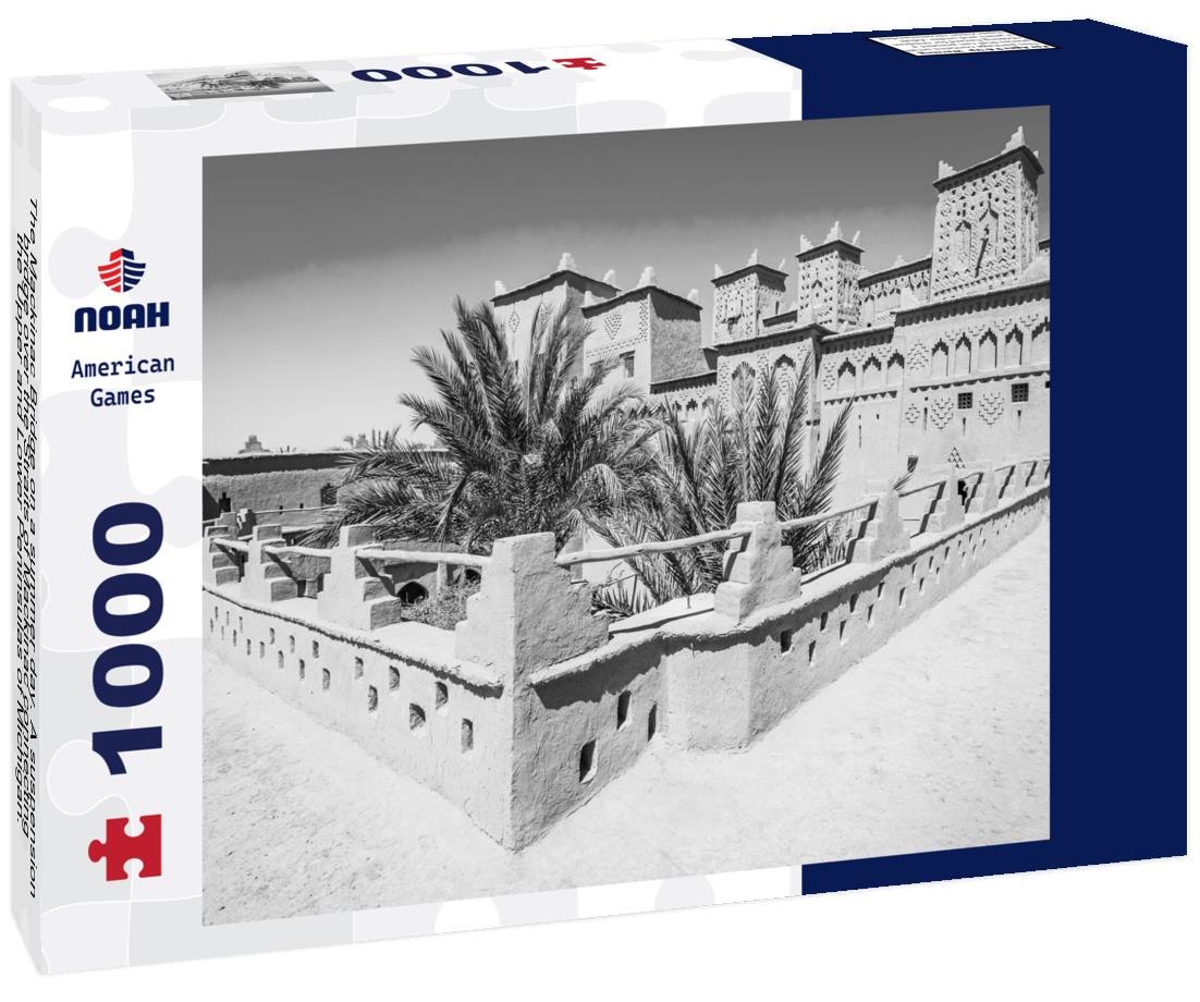 Noah Jigsaw Puzzle The Mackinac Bridge on a summer day. A suspension bridge over the Straits of Mackinac connecting the Upper and Lower Peninsulas of Michigan. Puff clouds in the blue sky in black white 1000 pieces