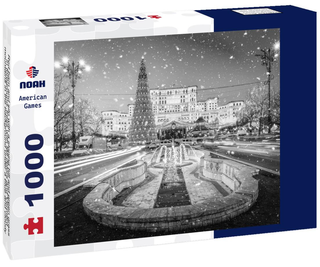 Noah Jigsaw Puzzle Red barn and silo with a sloping hill and green grass in foreground, trees with fall colors and Vermont mountains in the background under a blue and cloudy sky on a nice autumn day in black white 1000 pieces