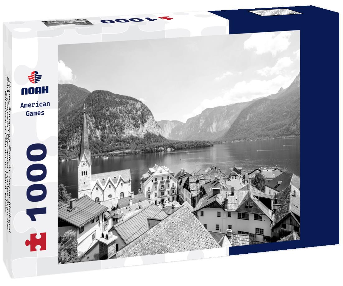 Noah Jigsaw Puzzle Upper Sunwapta Falls in Jasper National Park, Canada. The water comes from the Athabasca Glacier in black white 1000 pieces