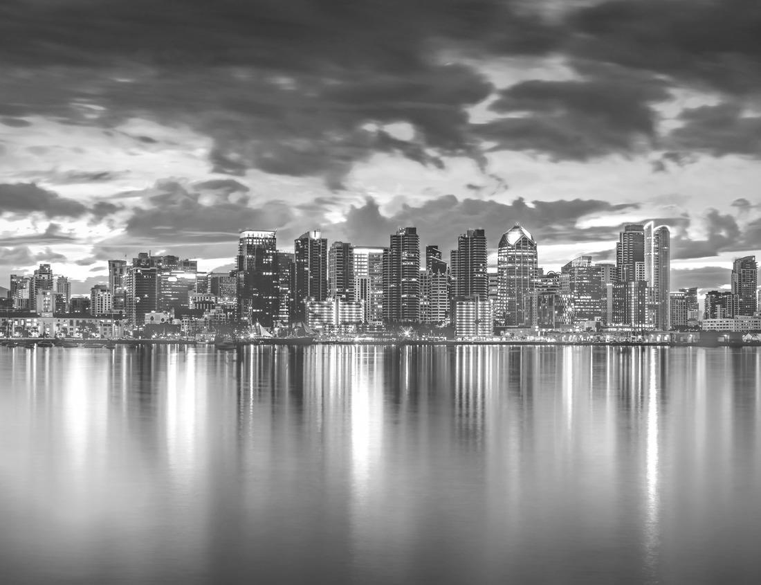 Noah Jigsaw Puzzle San Diego skyline is captured at sunset over the bay. in black white 1000 pieces