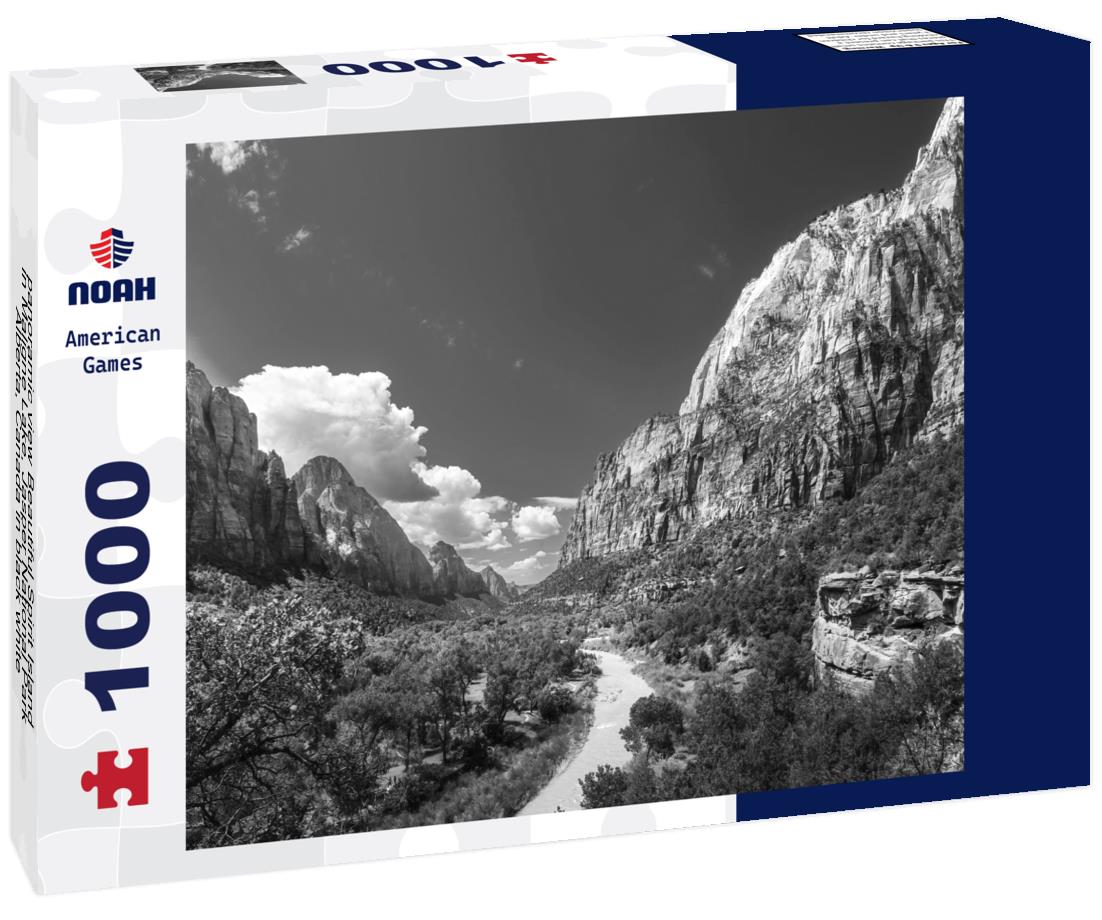 Noah Jigsaw Puzzle panoramic view Beautiful Spirit Island in Maligne Lake, Jasper National Park, Alberta, Canada in black white 1000 pieces