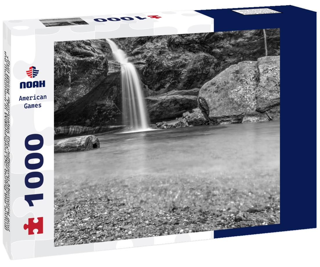 Noah Jigsaw Puzzle Sun rising illuminates the Jefferson Memorial and Tidal Basin. The bright pink cherry blossoms frame the monument in Washington DC during the annual cherry blossom festival in black white 1000 pieces