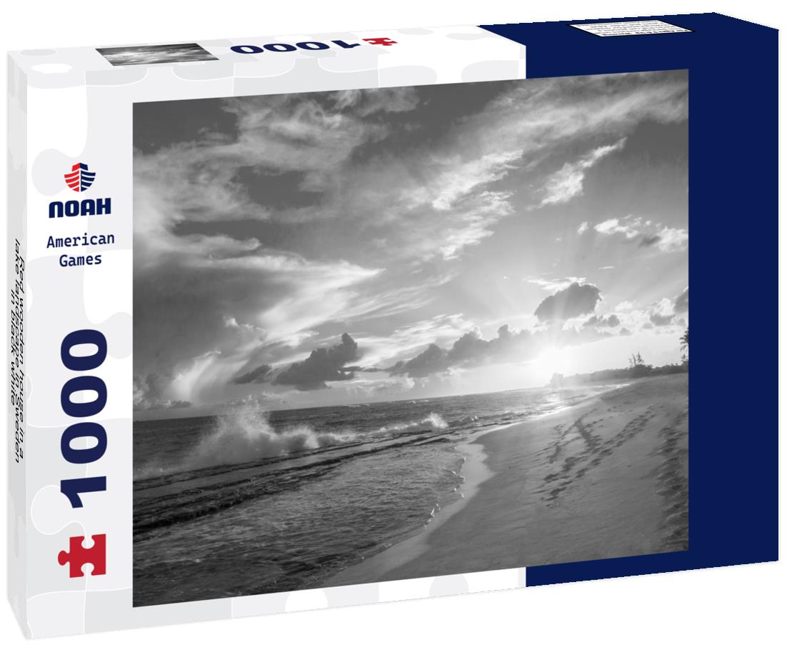 Noah Jigsaw Puzzle Red wooden house in a lake landscape in Sweden in black white 1000 pieces