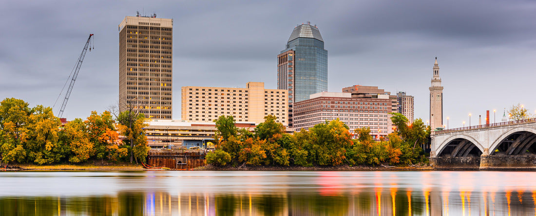 Springfield, Massachusetts, USA downtown skyline on the river at dusk in early autumn 2000pc Panoramic Puzzle