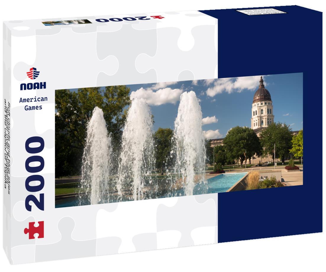 Soft clouds and blue skies appear over fountains and the capitol of Topeka, Kansas USA 2000pc Panoramic Puzzle