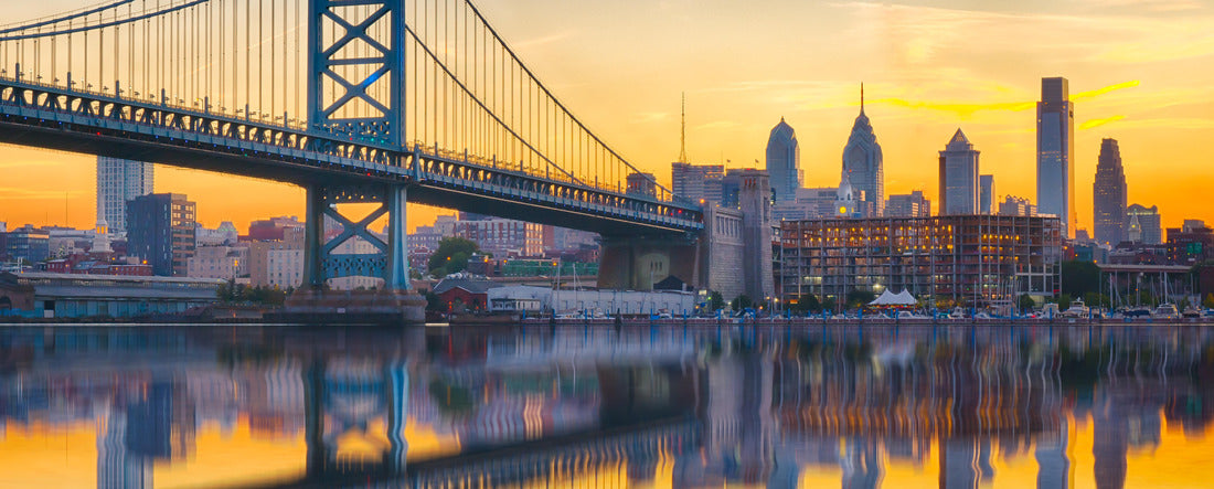Philadelphia sunset skyline and Ben Franklin Bridge reflection over the Delaware River 2000pc Panoramic Puzzle