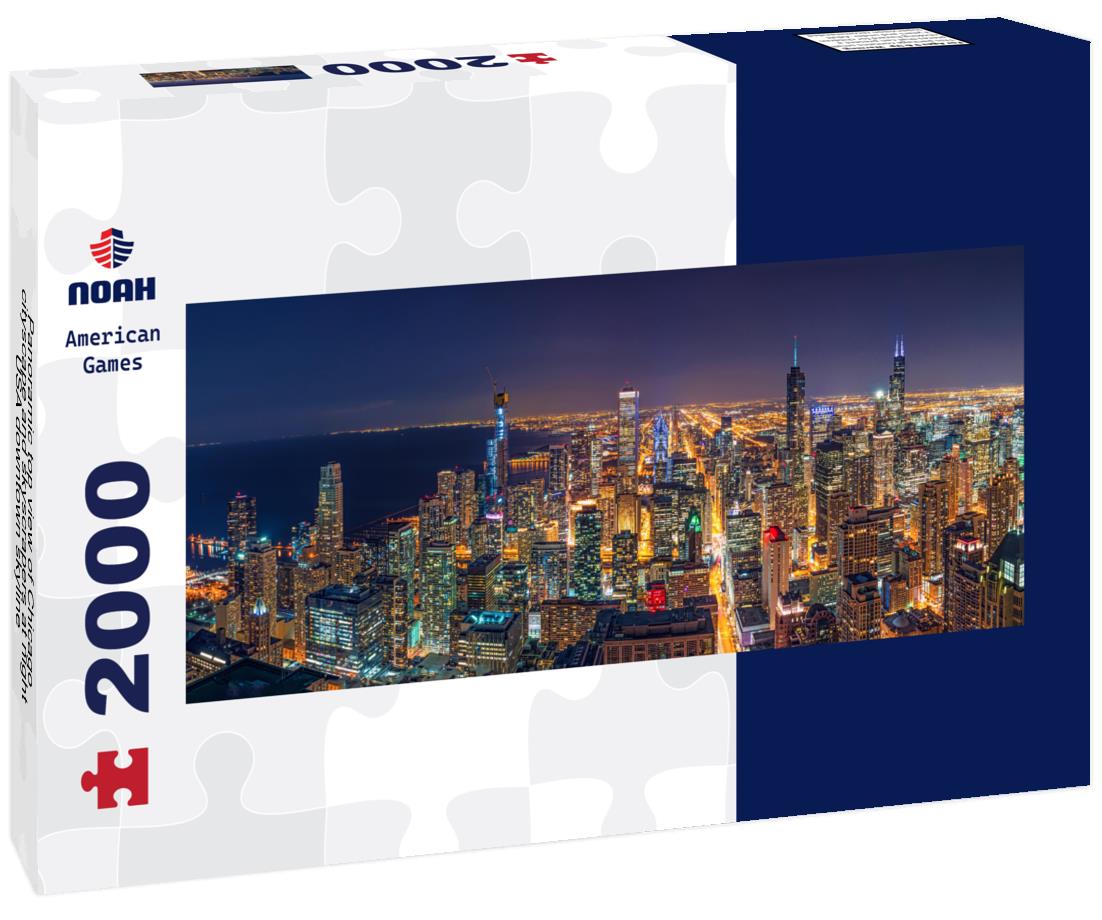 Top view of Chicago cityscape and skyscrapers at night, USA downtown skyline 2000pc Panoramic Puzzle