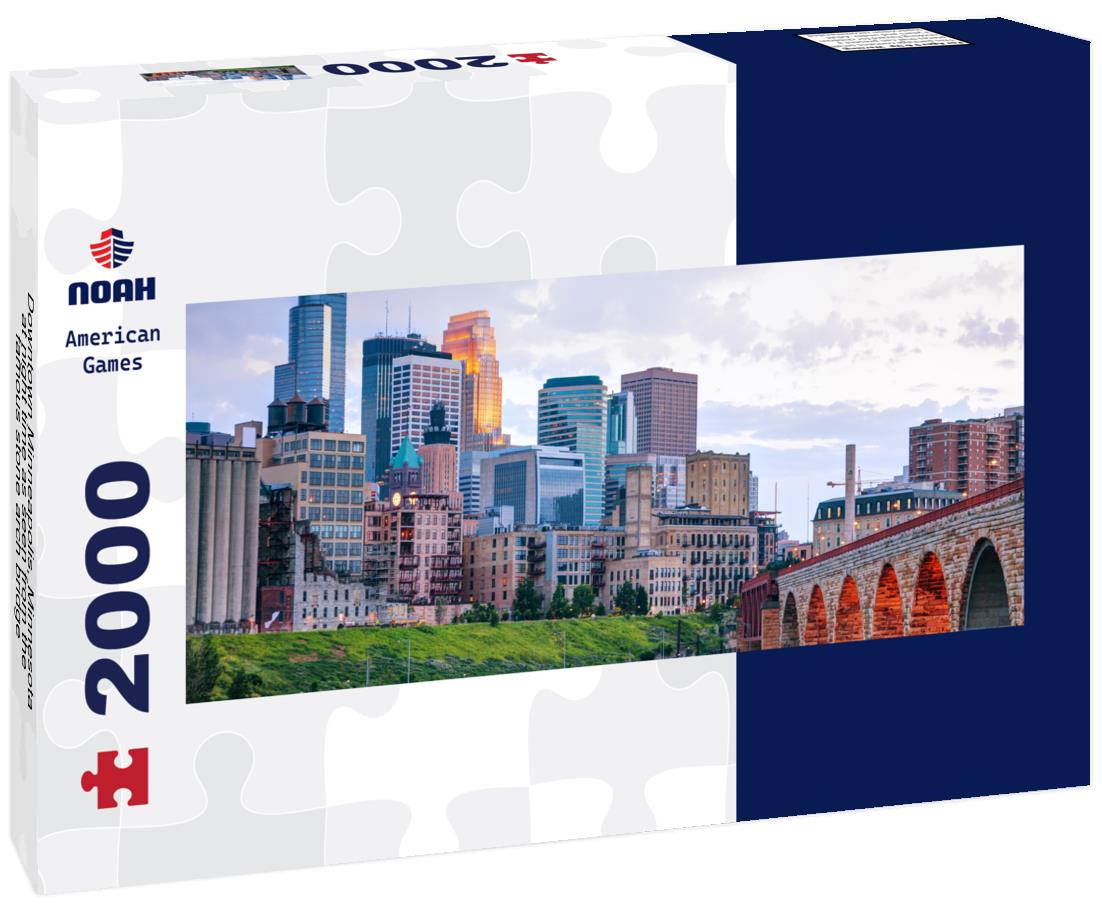 Downtown Minneapolis, Minnesota at night time as seen from the famous stone arch bridge 2000pc Panoramic Puzzle