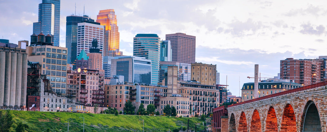 Downtown Minneapolis, Minnesota at night time as seen from the famous stone arch bridge 2000pc Panoramic Puzzle