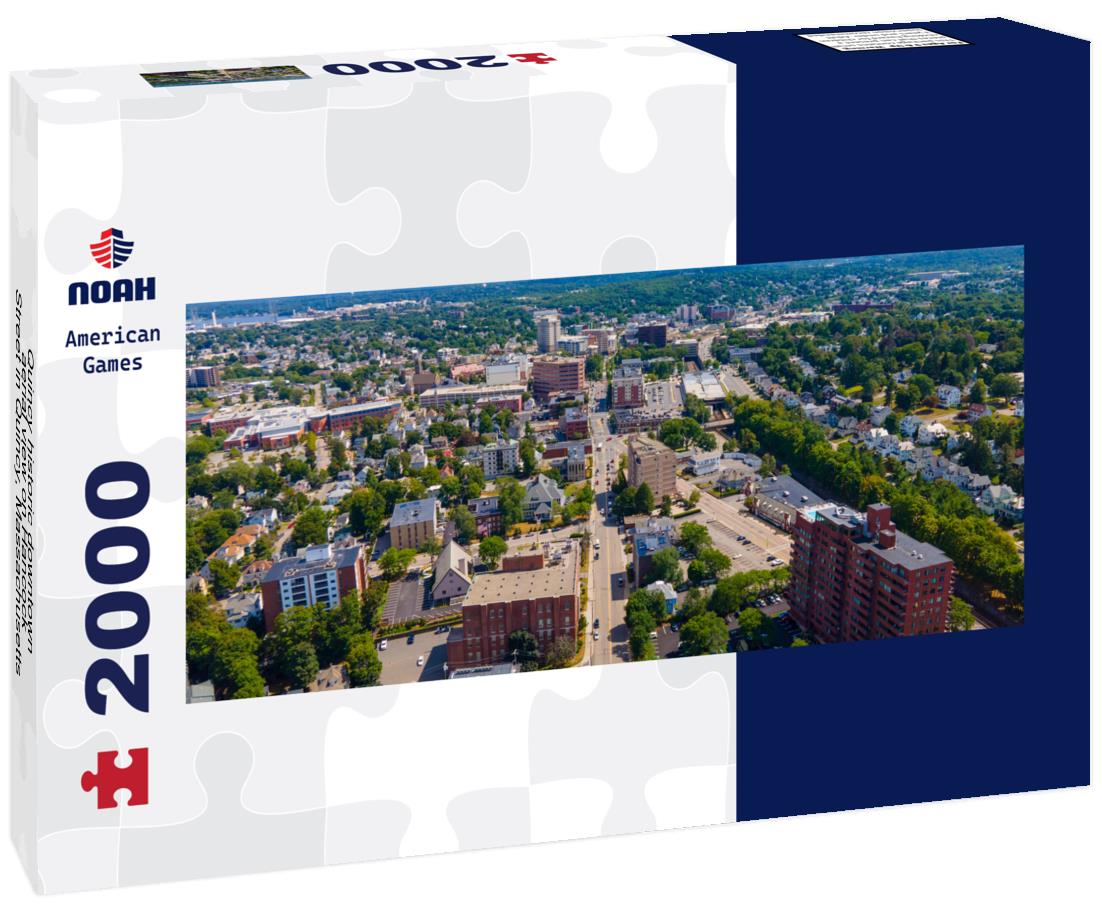 Quincy historic downtown aerial view on Hancock Street in Quincy, Massachusetts MA, USA 2000pc Panoramic Puzzle