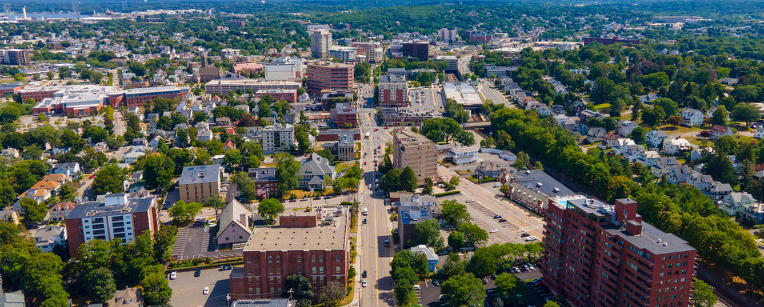 Quincy historic downtown aerial view on Hancock Street in Quincy, Massachusetts MA, USA 2000pc Panoramic Puzzle