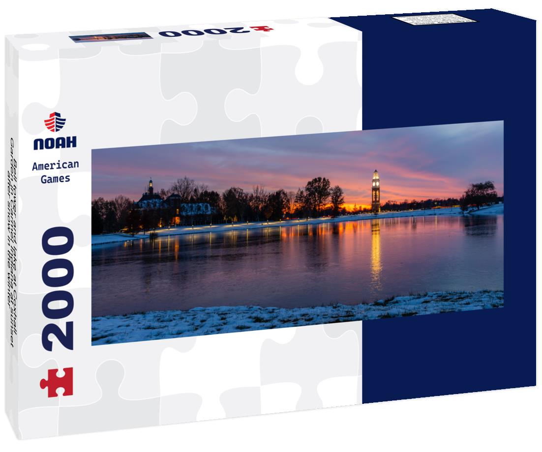 Bell tower and lake at Coxhall Garden in Carmel Indiana at sunset after snow in the winter 2000pc Panoramic Puzzle