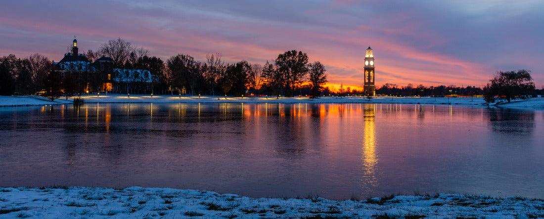 Noah Jigsaw Puzzle Bell tower and lake at Coxhall Garden in Carmel Indiana at sunset after snow in the winter panorama 2000 pieces