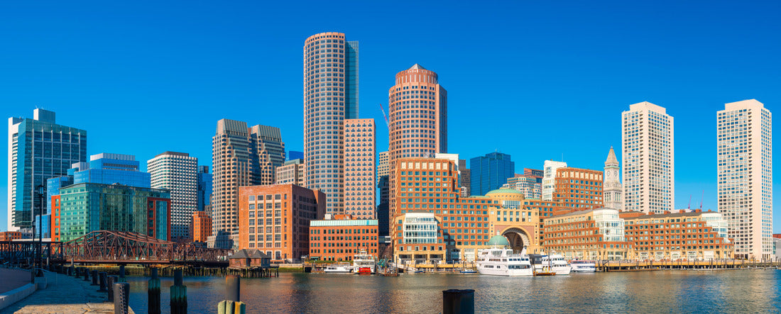 Boston City Skyline and Seascape at the Boston Harbor. Clear Blue Sky Backgrounds 2000pc Panoramic Puzzle