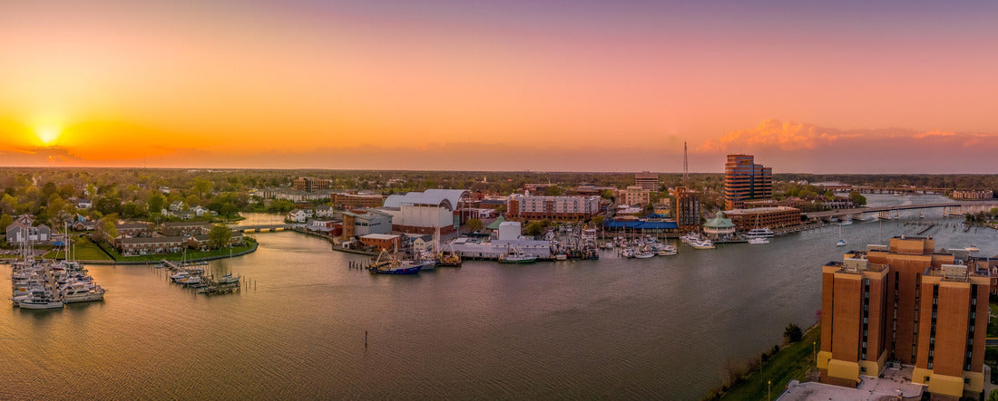 Stunning colorful sunset over Hampton Virginia with views of the harbor, air science center 2000pc Panoramic Puzzle