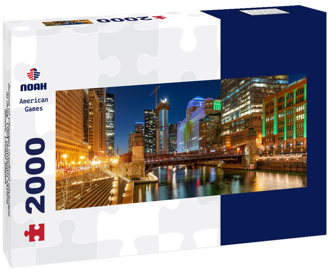 Scene of Chicago riverfront cityscape at dusk, USA downtown skyline, Illinois, United States 2000pc Panoramic Puzzle