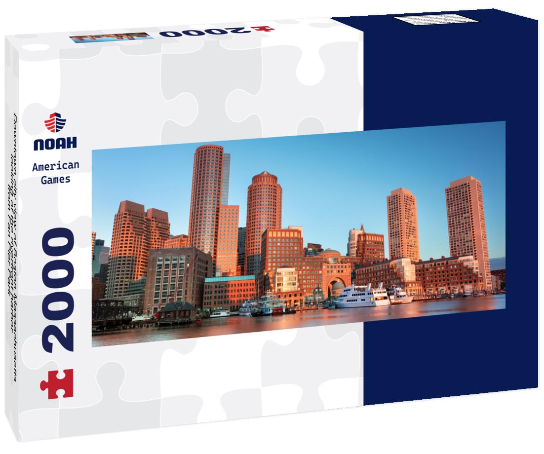 Downtown city view of Boston Massachusetts looking of the riverfront harbor from Fan Pier Park 2000pc Panoramic Puzzle