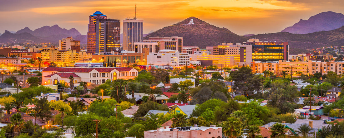 Tucson, Arizona, USA downtown skyline with Sentinel Peak at dusk. (Mountaintop "A" for "Arizona") 2000pc Panoramic Puzzle