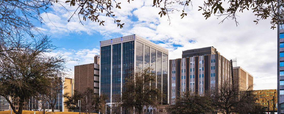 Midland Texas city skyline and downtown skyscrapers with dramatic cloudy blue sky and tree branches 2000pc Panoramic Puzzle