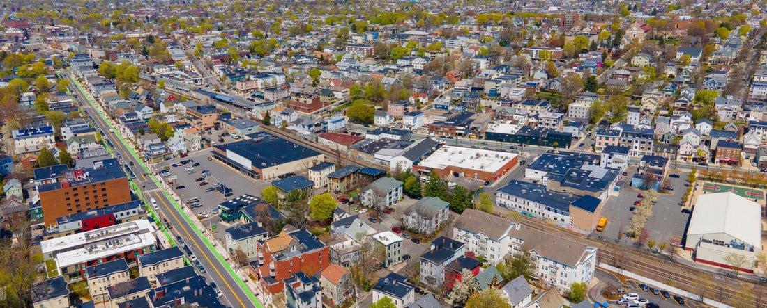 Somerville city center aerial view on Beacon Street in spring, city of Somerville, Massachusetts MA 2000pc Panoramic Puzzle