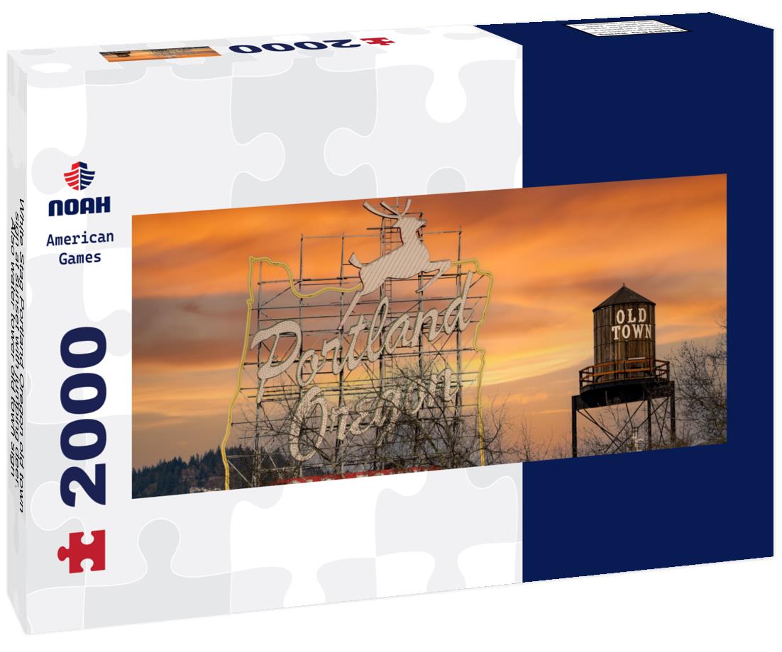 White Stag Portland Oregon old town sign at sunset with jumping deer. Also water tower old town sign 2000pc Panoramic Puzzle