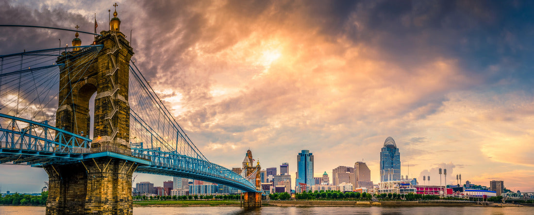 John A. Roebling Suspension Bridge over the Ohio River and downtown Cincinnati skyline 2000pc Panoramic Puzzle