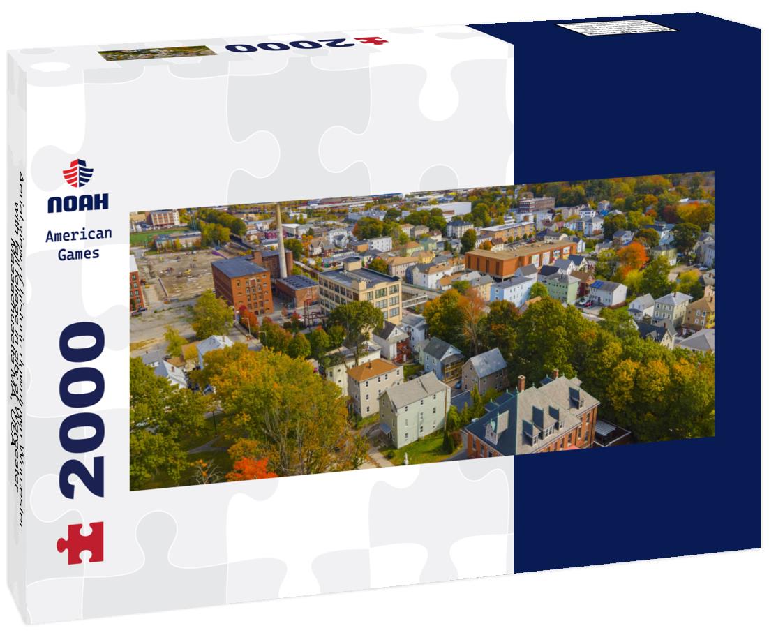 Aerial view of historic downtown Worcester with fall foliage in city of Worcester, Massachusetts MA, USA 2000pc Panoramic Puzzle