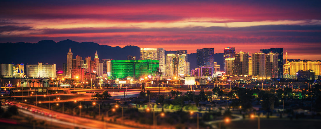 City of Las Vegas Skyline at Scenic Dusk. Colorful Lights of the World Famous Sin City. Nevada, United States 2000pc Panoramic Puzzle