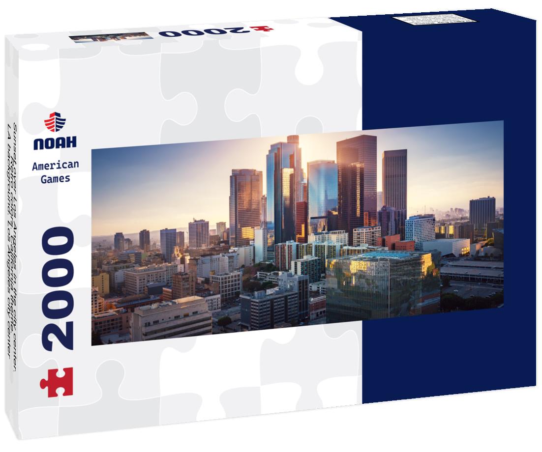 Sunset over Los Angeles in the city center. Retro colors. California theme. LA background. Los Angeles city center 2000pc Panoramic Puzzle