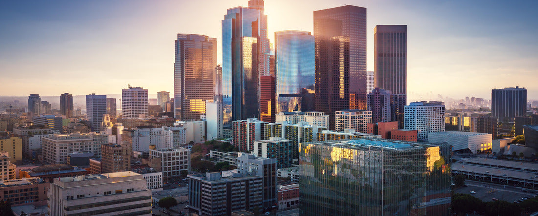 Sunset over Los Angeles in the city center. Retro colors. California theme. LA background. Los Angeles city center 2000pc Panoramic Puzzle