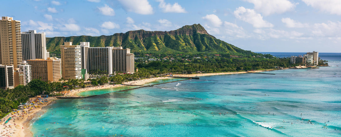 Hawaii beach Honolulu city travel landscape of Waikiki beach and Diamond Head mountain peak at sunset, Oahu island 2000pc Panoramic Puzzle