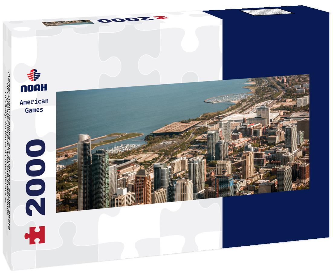 Aerial view looking out over the south shore of Chicago Illinois with the steel mills of Gary Indiana in the distance 2000pc Panoramic Puzzle